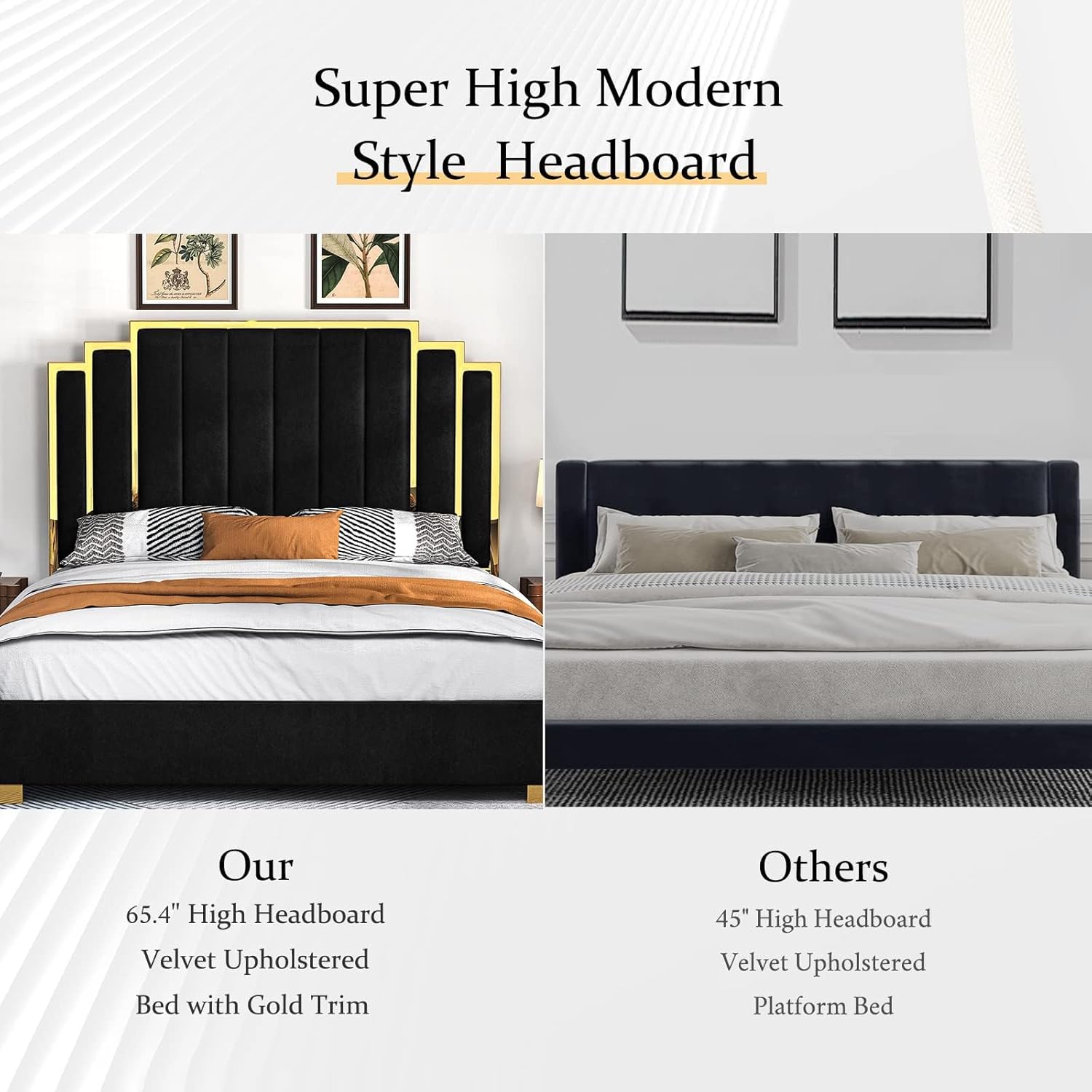 California King Platform Bed Frame - 65" Velvet Upholstered with Gold Trim