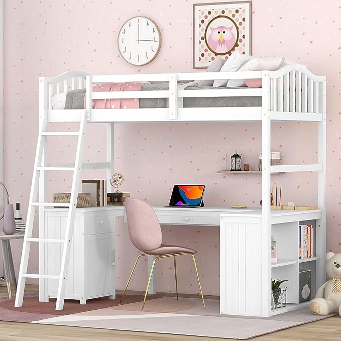 Twin Size Loft Bed with Desk, Wood Loft Bed Twin with Drawers, Cabinet, Shelves