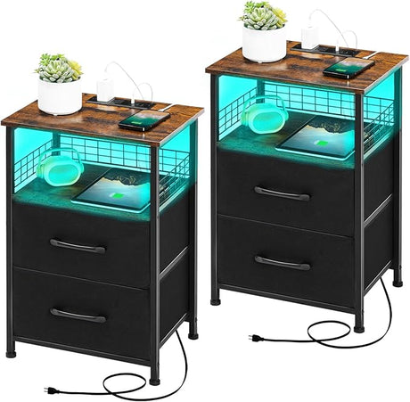 Nightstands Set of 2 with Charging Station, Night Stand with 20 Colors LED Lights and Fabric Drawer,