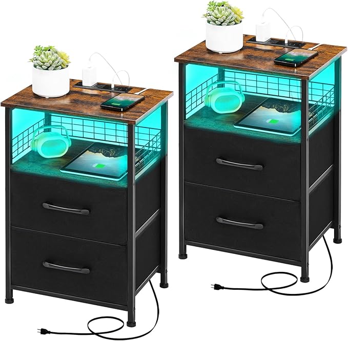 Nightstands Set of 2 with Charging Station, Night Stand with 20 Colors LED Lights and Fabric Drawer,