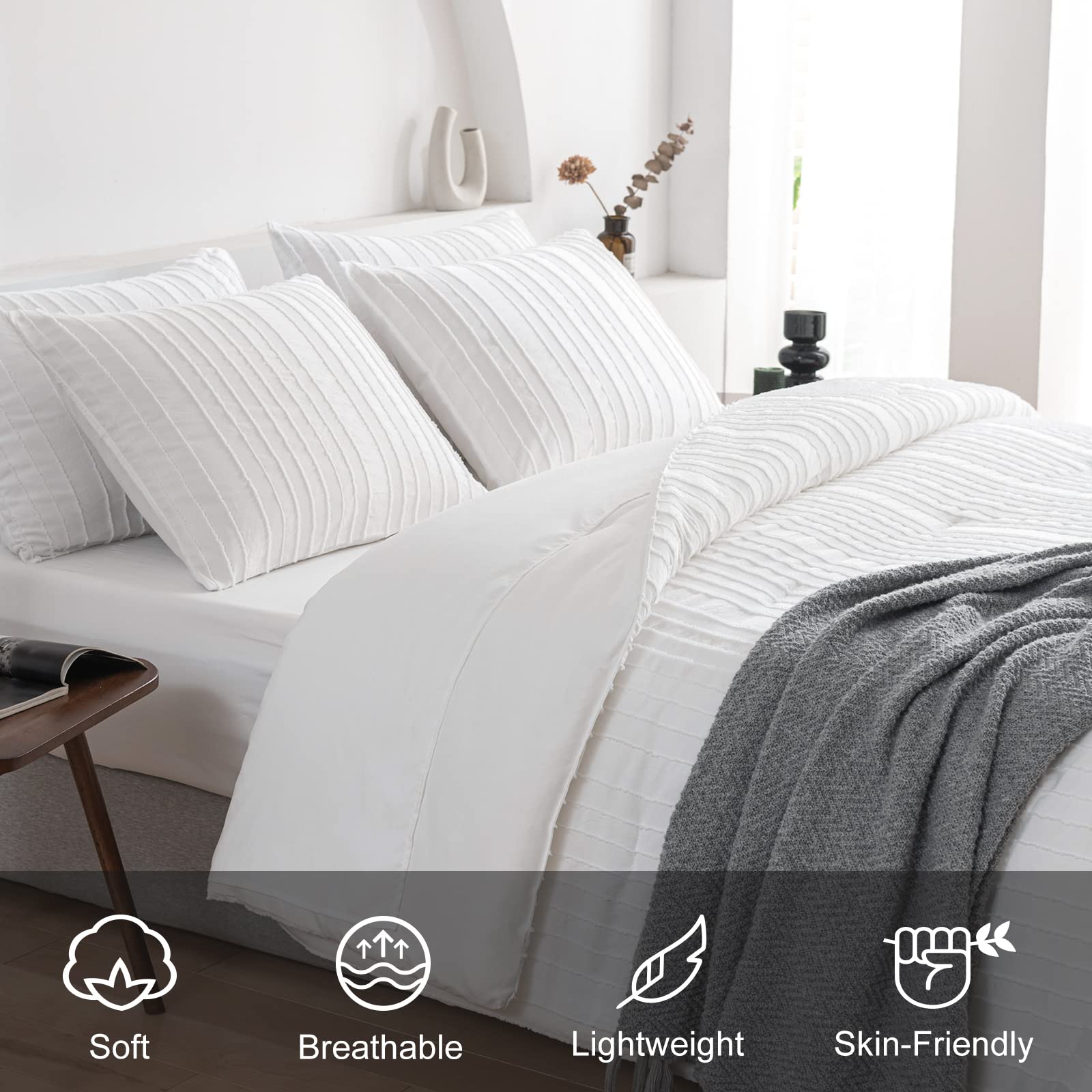 White Comforter Set Queen Size Soft Bedding Sets Boho Striped Pattern Lightweight