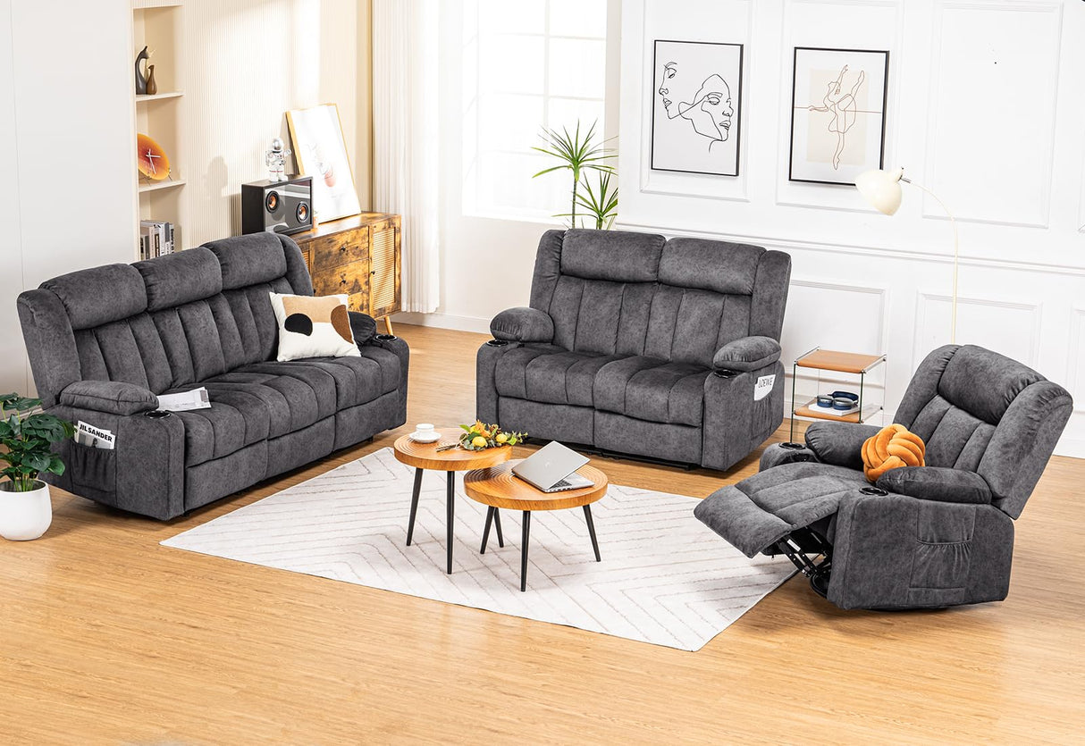 Manual Recliner Chair Set，Fabric Reclining Sofa Chair with Cup Holders,