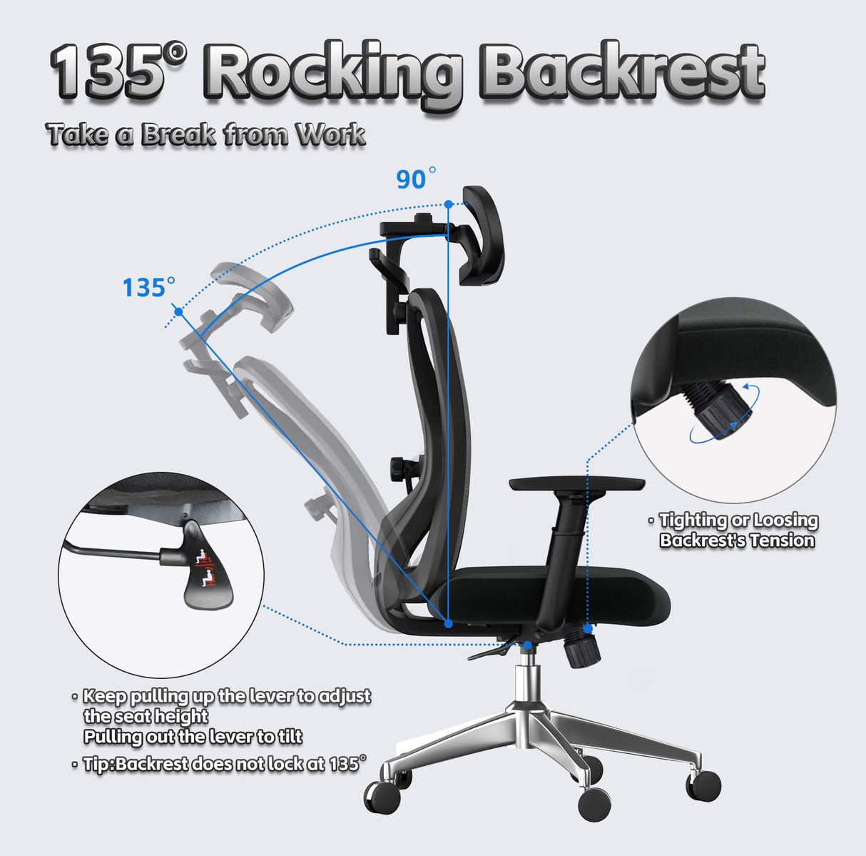 Office Chair, High Back Mesh Desk Chair with Adjustable Lumbar Support, 135° Rocking