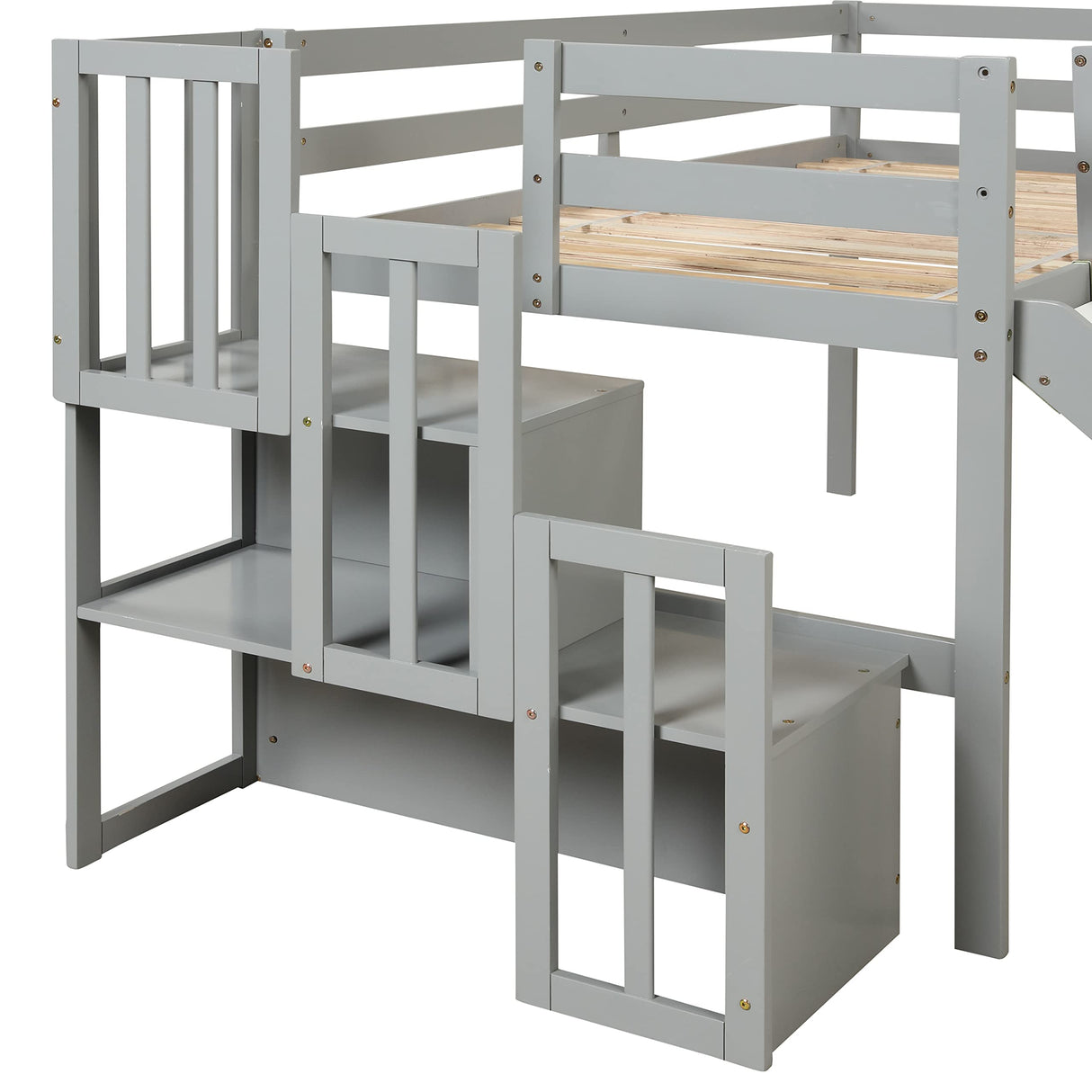 twin Loft Bed with Slide and Stairs, Solid Wood Kids Loft Bed with Full-Length Safety