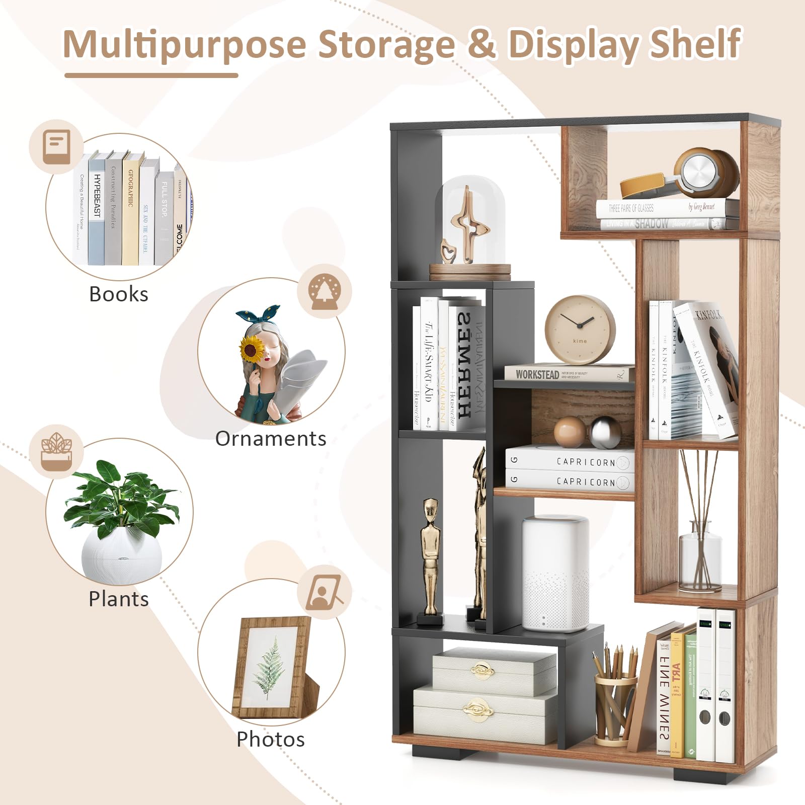 47-Inch Bookshelf, Modern Wooden Geometric Bookcase with Open Shelves, Anti-Tipping Kits, Wood Book Case Shelf, Open Cube Storage Organizer Display Rack for Living Room