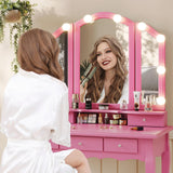 Tri-Fold Mirror and Lights, Makeup Vanity with Wood Upholstered Stool, Vanity Table