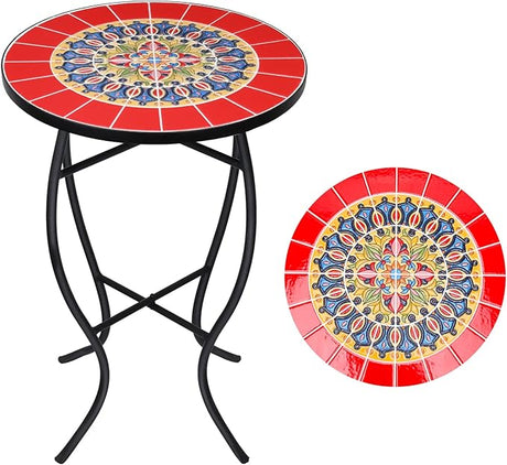 Mosaic Outdoor Side Table, 14" Round Small Patio Accent Table Indoor End Table