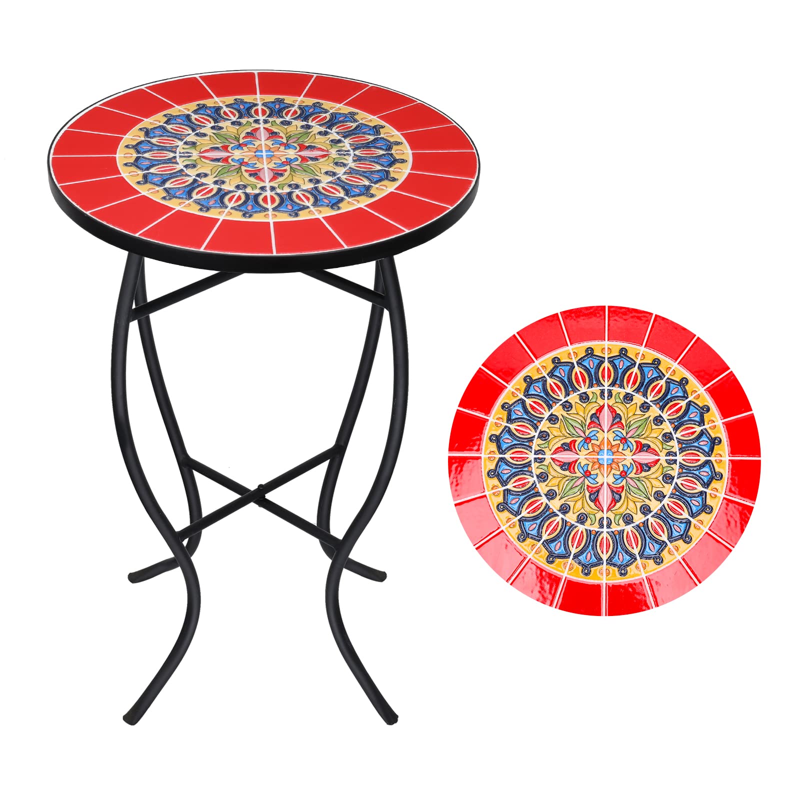 VCUTEKA Mosaic Outdoor Side Table, 14" Round Small Patio Accent Table Indoor End Table for Yard, Garden, Living Room, Bistro Balcony or Lawn Red - Bircata