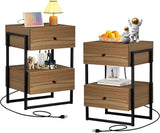 PHOYAL Rattan Nightstand Set of 2, End Table Rattan Bedside Table with Storage 3-Drawer Side Table