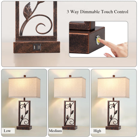 Farmhouse Touch Table Lamps Set of 2 with USB Ports, 3-Way Dimmable Retro Rustic