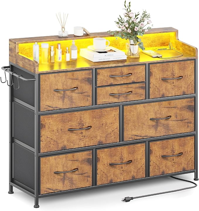 Dresser with Charging Station and LED Lights, Dresser for Bedroom TV Stand Dresser