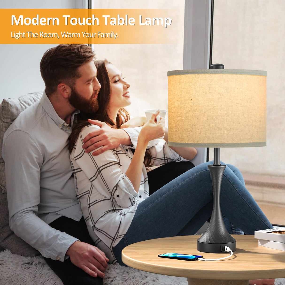 26" Farmhouse Black Touch Table Lamps Set of 2 with USB Ports