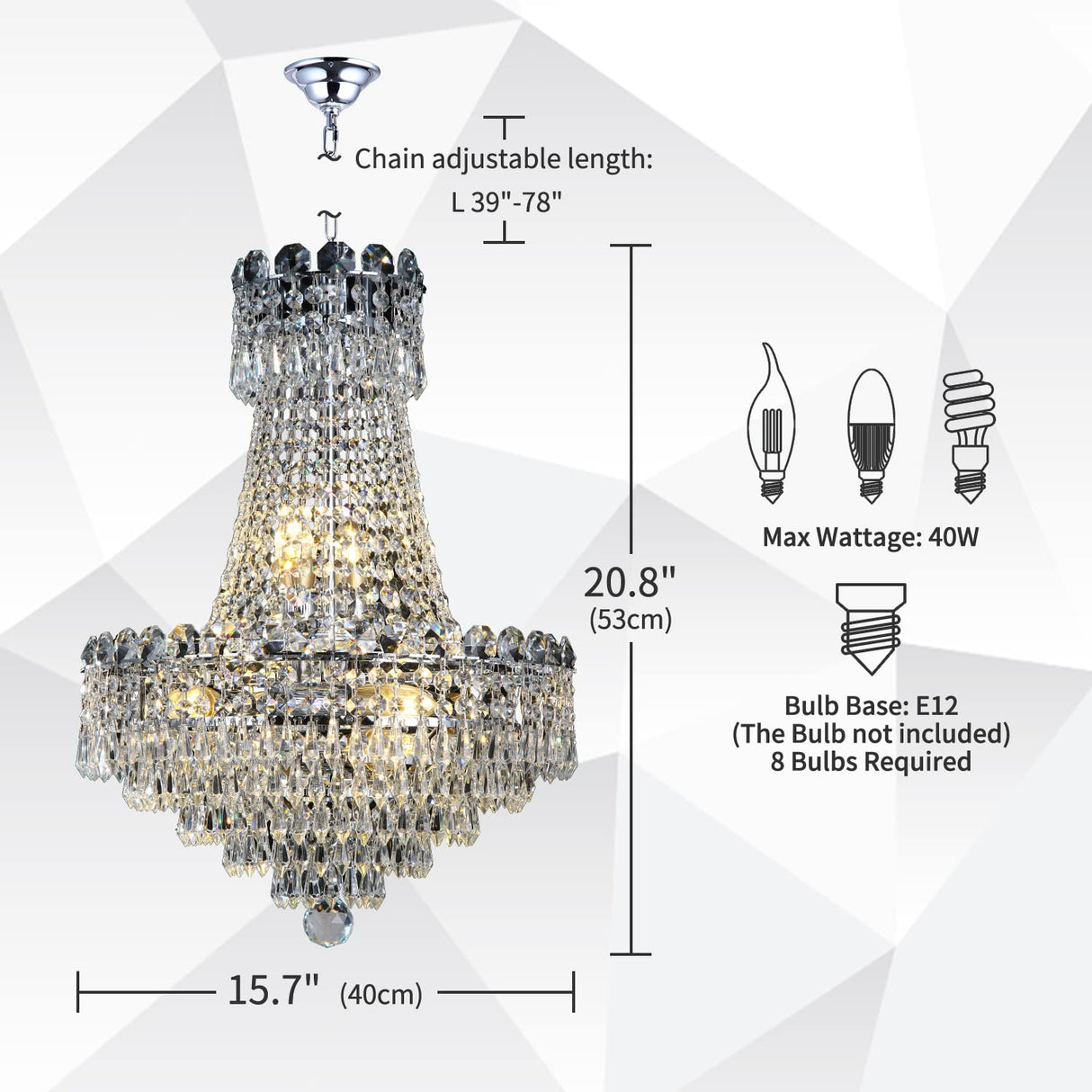 8-Lights Luxury Crystal Chandelier, 16 Inch French Empire Style Chandelier with K9