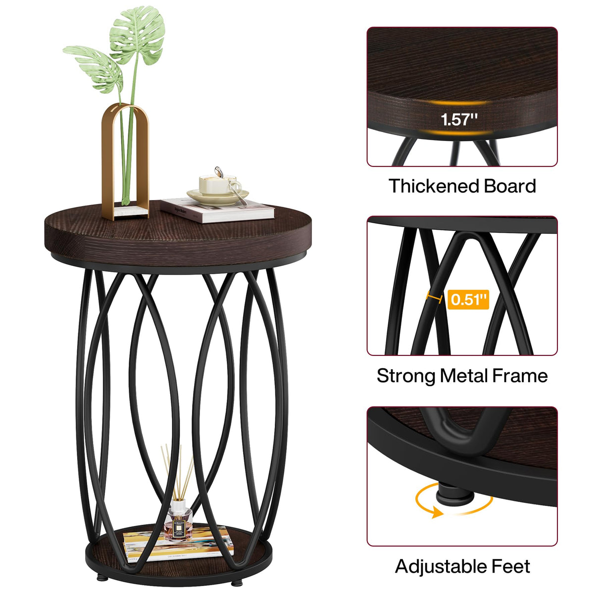 LITTLE TREE Round End Table Set of 2 Small Bedside Table with Metal Frame for Living Room, Bedroom