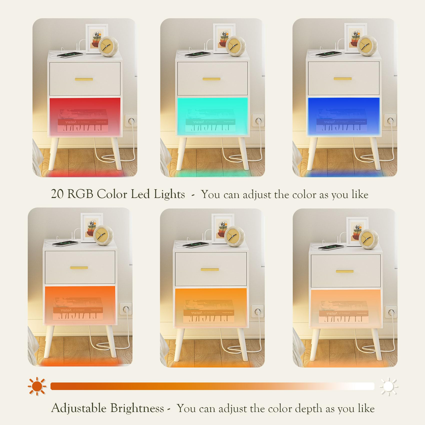 Nightstand with Charging Station and LED Lights, Small Side Table, Bedside Table