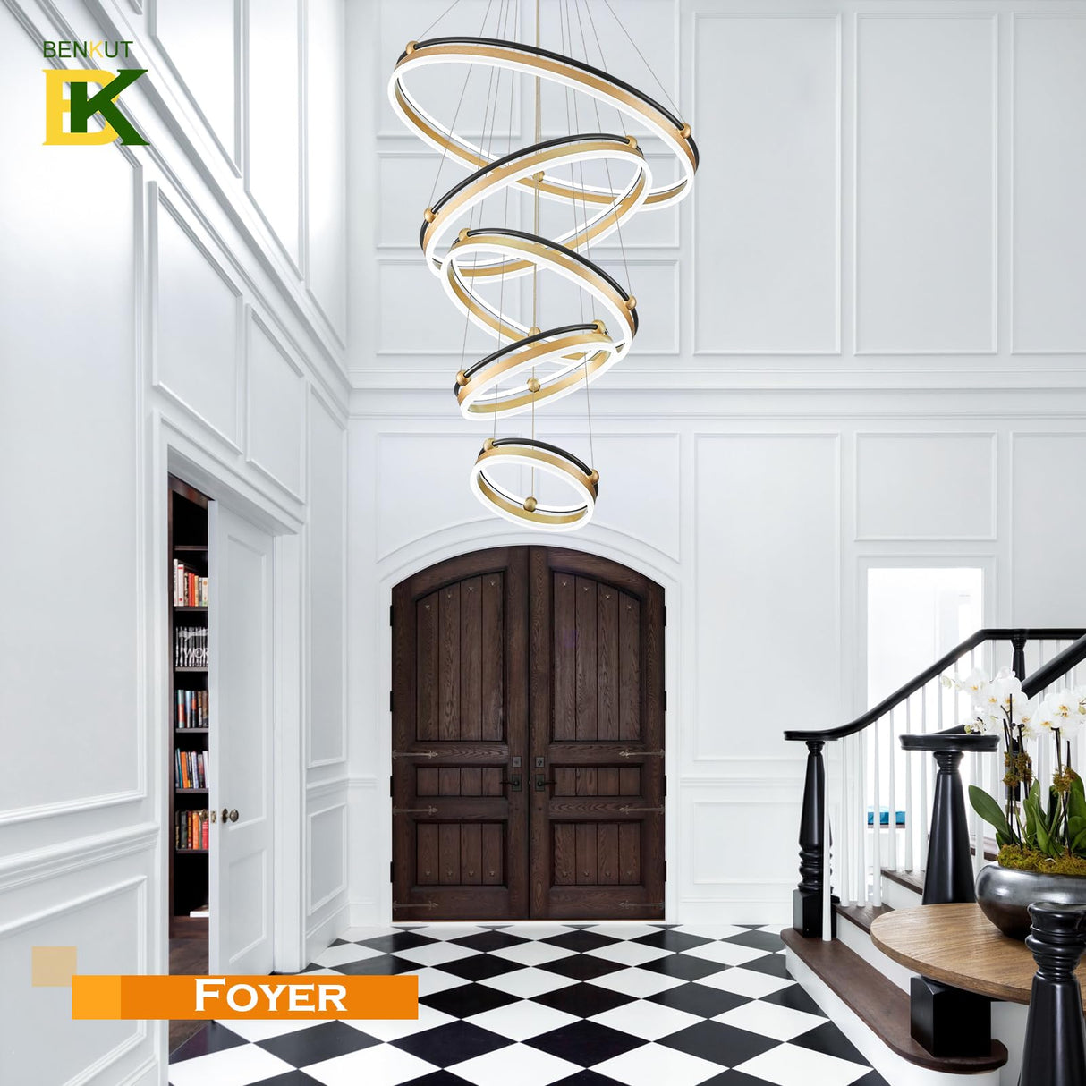 10-Rings Modern LED Chandelier Black Gold Large Dimmable Remote Chandeliers Lighting for Foyer,