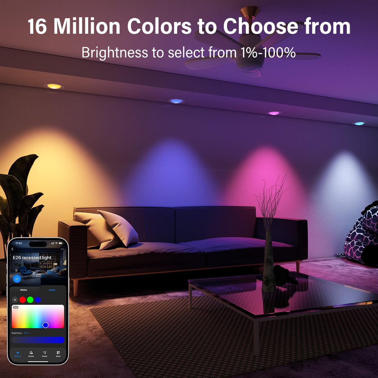 Smart LED Disk Lights 5/6 Inch - RGBWW Color Changing Dimmable Recessed Ceiling Lights (6-Pack)