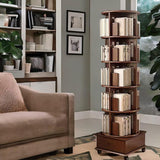 Solid Wood Rotating Book Shelf, 360° Display Bookcase with Drawer, 5-Tier Mobile Bookshelf with Wheels, 79"