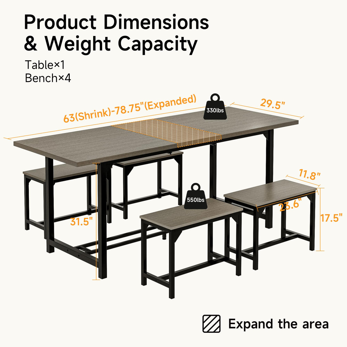 ONBRILL Dining Table Set, 5-Piece Extendable Table from 63" to 78.74" for 6-8 People, Modern Kitchen Table with 4 Square Stools, Dinner Room Table with MDF Board, Oak Grey