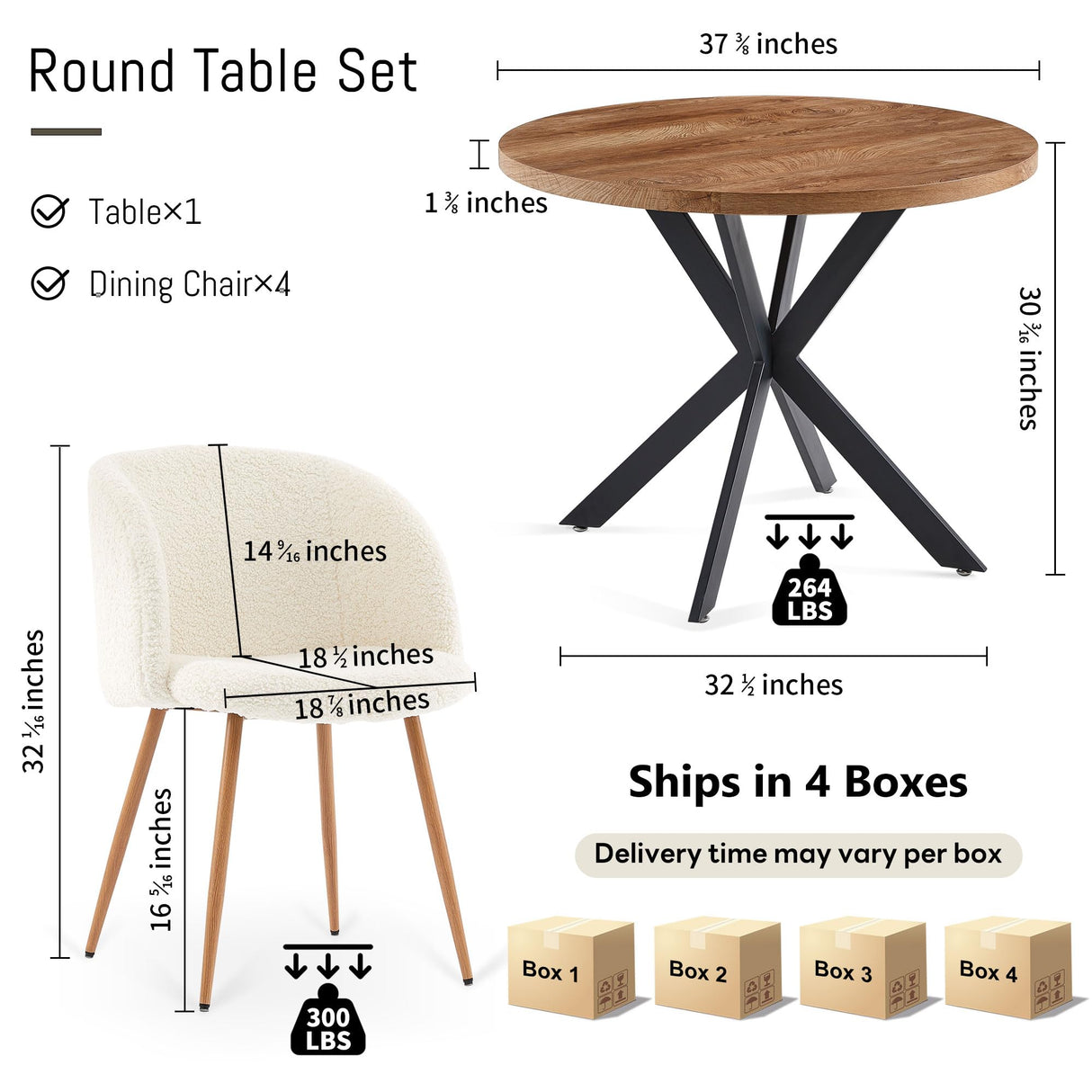 5 Pieces 37-Inch Round Dining Table and Upholstered Chairs for Four Persons, MDF