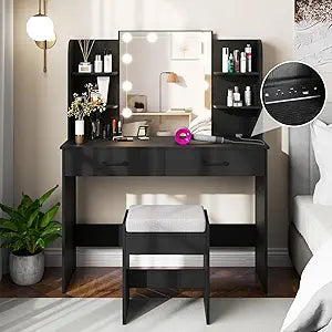 Makeup Vanity Desk with Lighted Mirror, Dressing Table & Stool Set with Charging Station, 3-Color Adjustable LED Lights, Drawers & Open Shelves for Bedroom (Black)