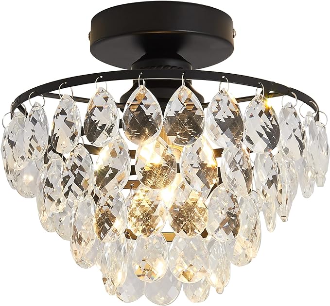 Modern E26 Small Crystal Chandelier Semi Flush Mount Ceiling Light Fixture Silver