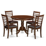 HLML5-MAH-LC 5 Piece Dining Table Set for 4 Includes a Round Kitchen Table with Pedestal and 4 Faux Leather Dining Room Chairs,