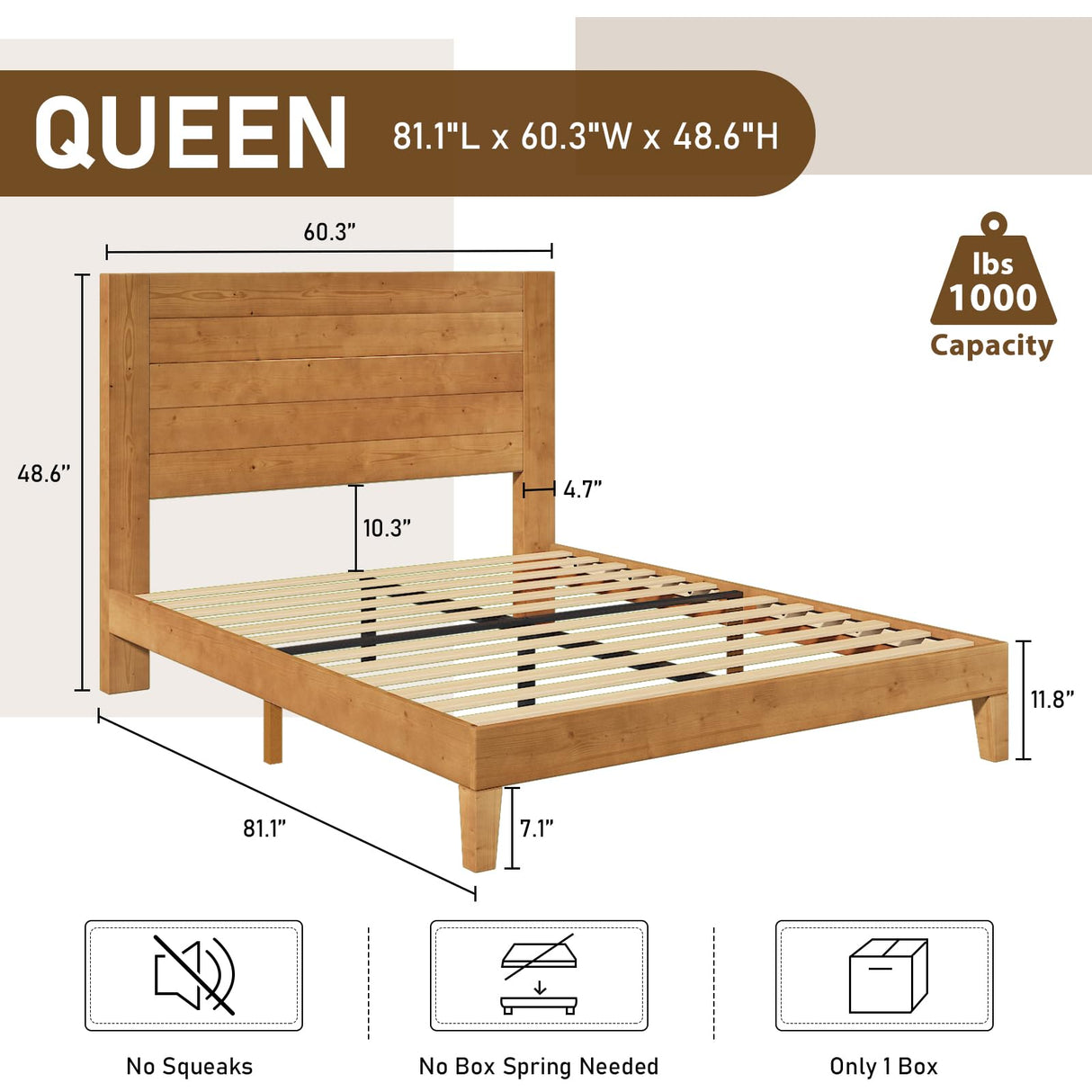 Queen Size Solid Wood Bed Frame with 48.6" High Headboard, Mid-Century Platform