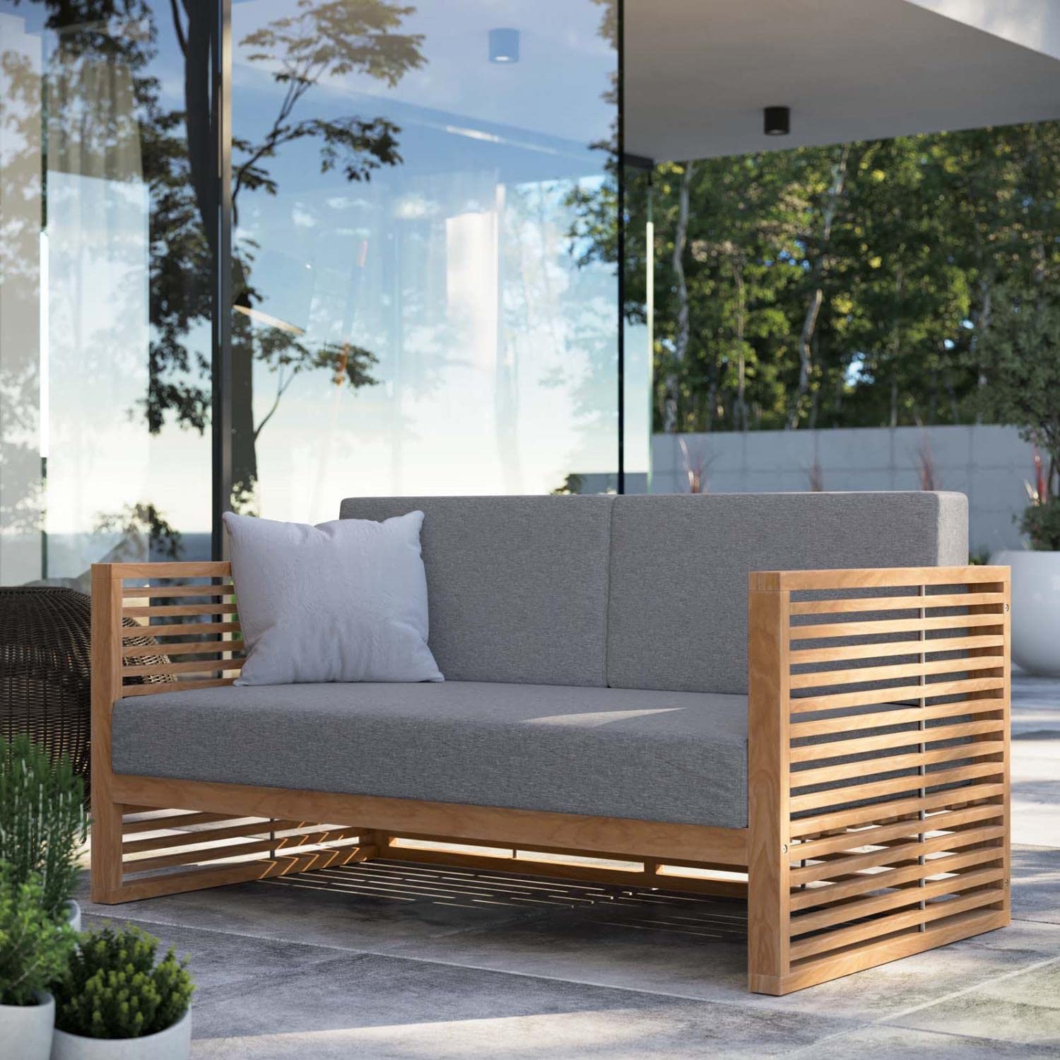 Carlsbad Modern Teak Wood/Fabric Patio Loveseat in Gray/Natural