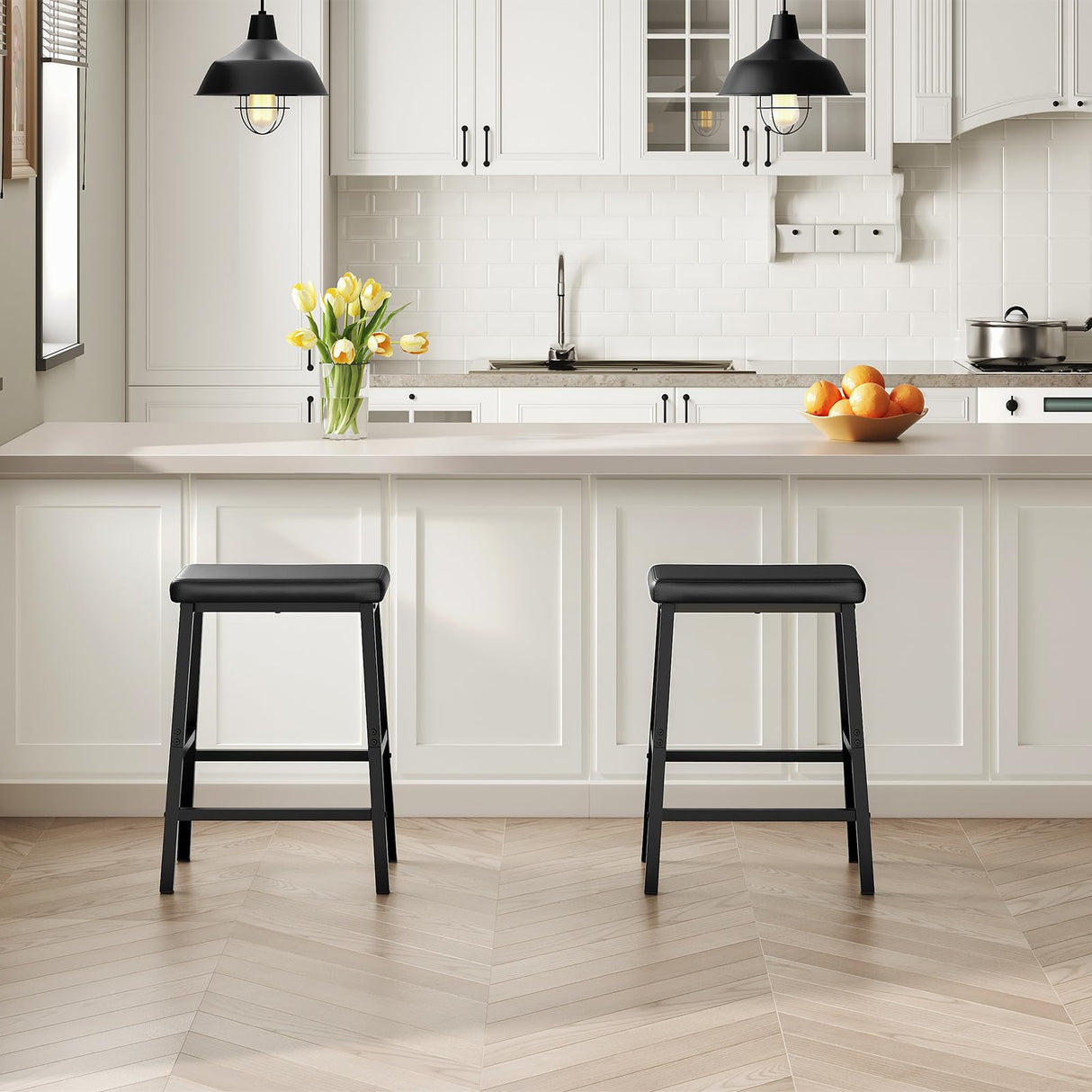 Bar Stools, 24" Set of 2 Bar Chairs, PU Leather Upholstered Breakfast Stools