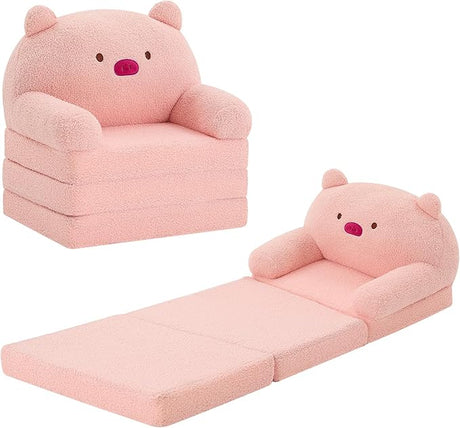 Comfy Toddler Chair, Kids Couch Fold Out to Lounger, Foldable Baby Sofa Plush for Girl and Boy Age 18 Months and Up （Pink Triceratops）