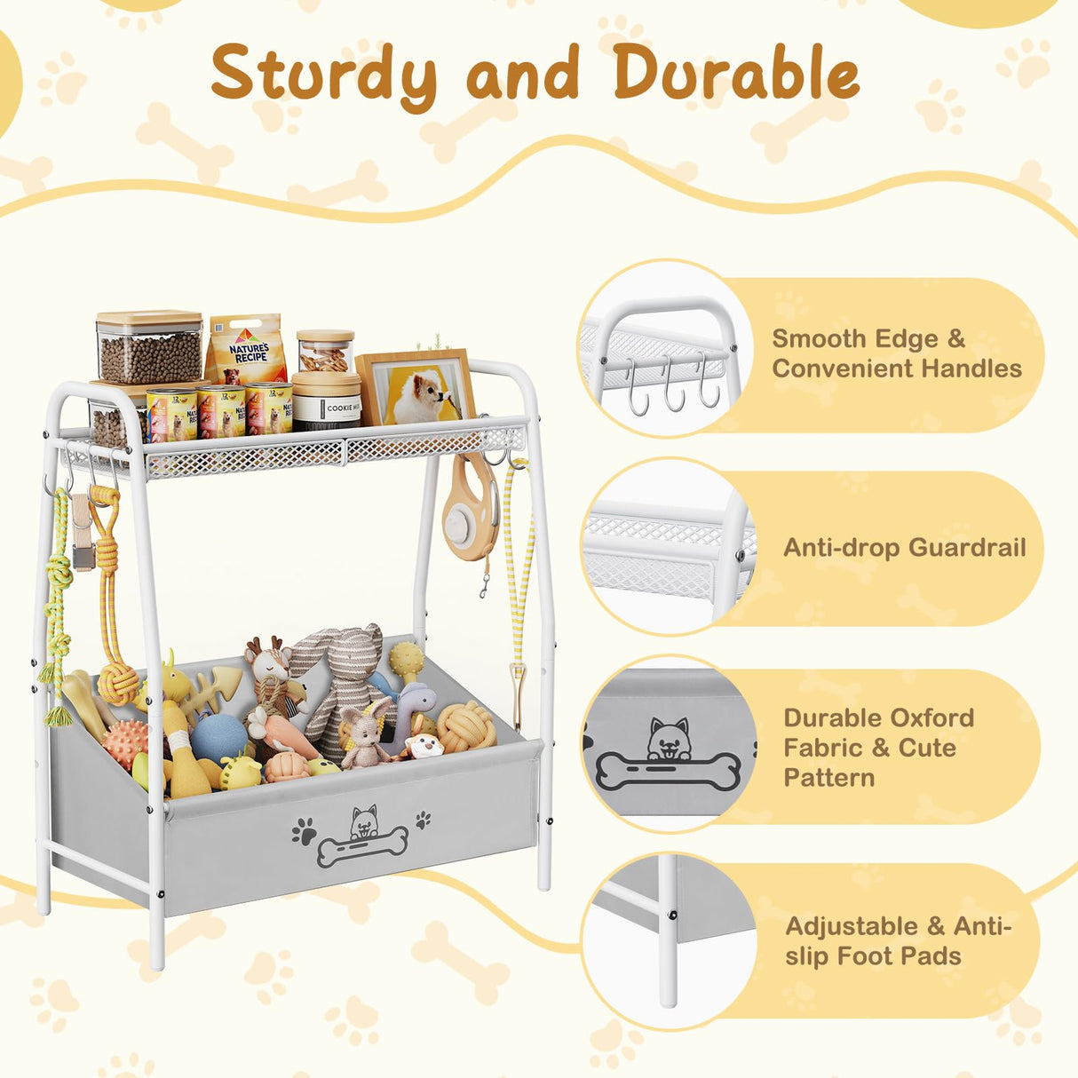 Large Dog Toy Storage Basket with Shelf & Hooks - 23.6" Organizer