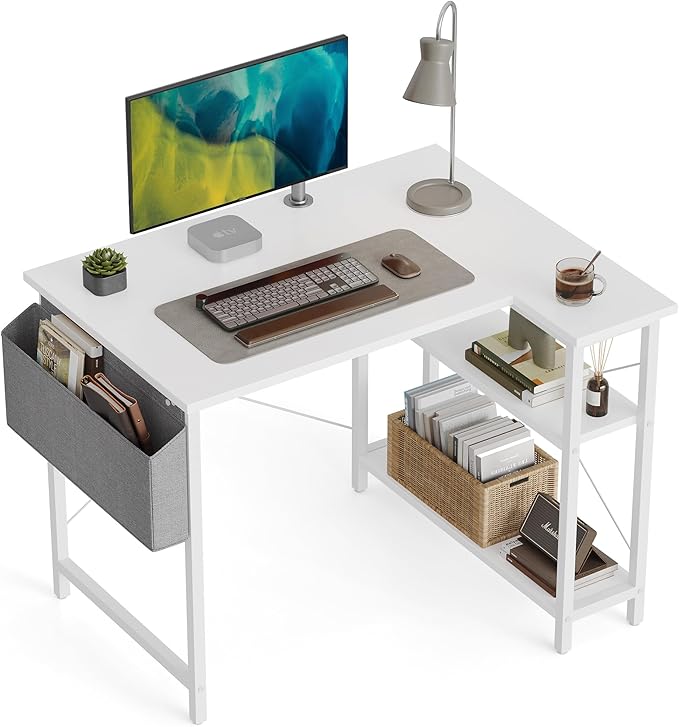 L Shaped Desk, 40 Inch Computer Desk with Reversible Storage Shelves Home Office Corner Desk Study Writing Table, Deep Brown