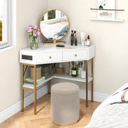 White Corner Desk with 2 Drawers & Built-in Charging Station, 90 Degrees Triangle