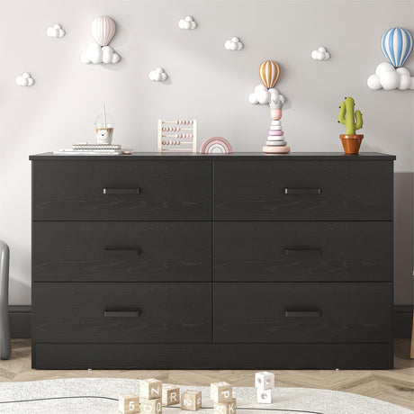 Wood Dresser for Bedroom, 6 Drawer Double Dresser with Metal Handles