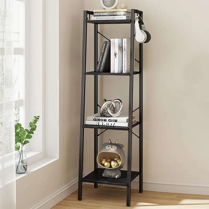 Ladder Shelf, Bookshelf Bookcase, Freestanding Corner Storage Shelve with 2 Hooks for