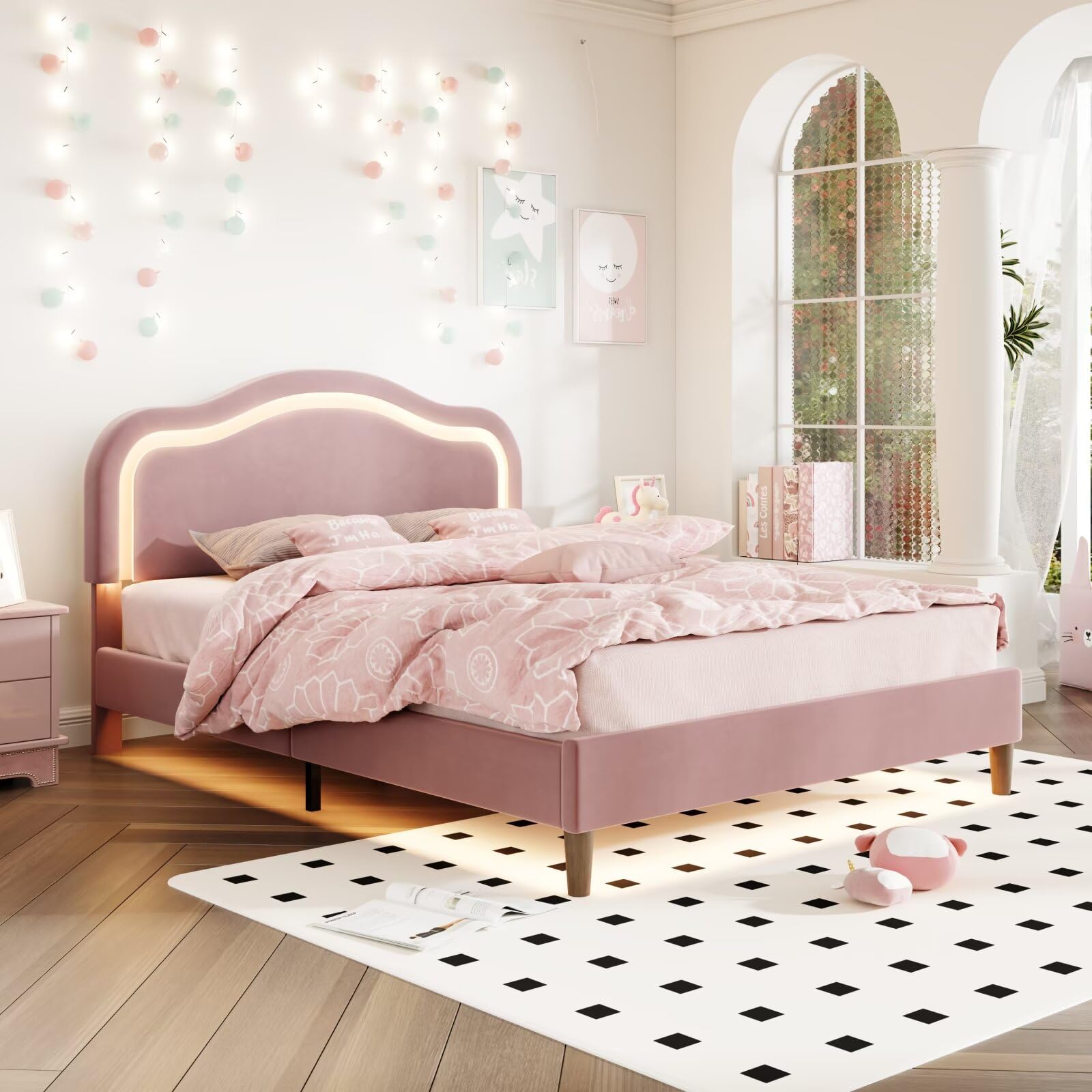 JIJIWANG Queen Size Velvet Upholstered Smart LED Bed Frame with Adjustable Height Headboard,No Box Spring Needed,Easy Assembly,Pink