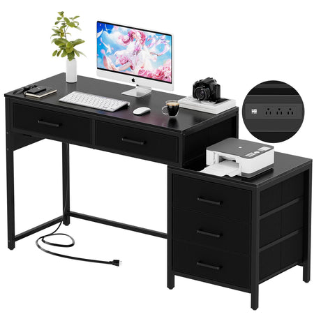 Unikito Reversible Computer Desk with 5 Drawers, Sturdy Office Desk with Power Outlets and USB Ports, Corner Writing Table with File Cabinet & Printer Stand, Vanity Desk with Storage, Black