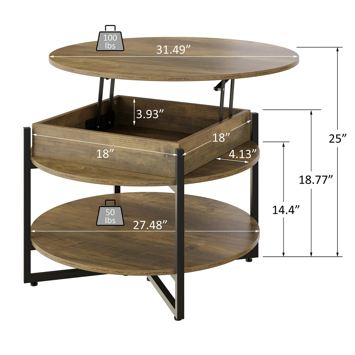 Wood Lift Top Circular Coffee Table with Hidden Compartment 31.5" D x 31.5" W x 17.35" H