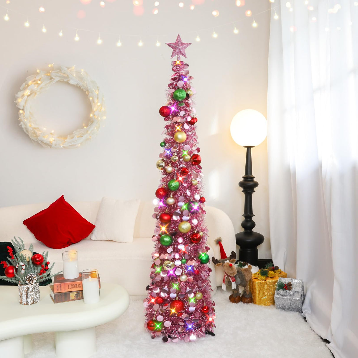 Pop Up Christmas Tree with Lights & 30 Balls, 5Ft Collapsible Rose Gold Tinsel Christmas