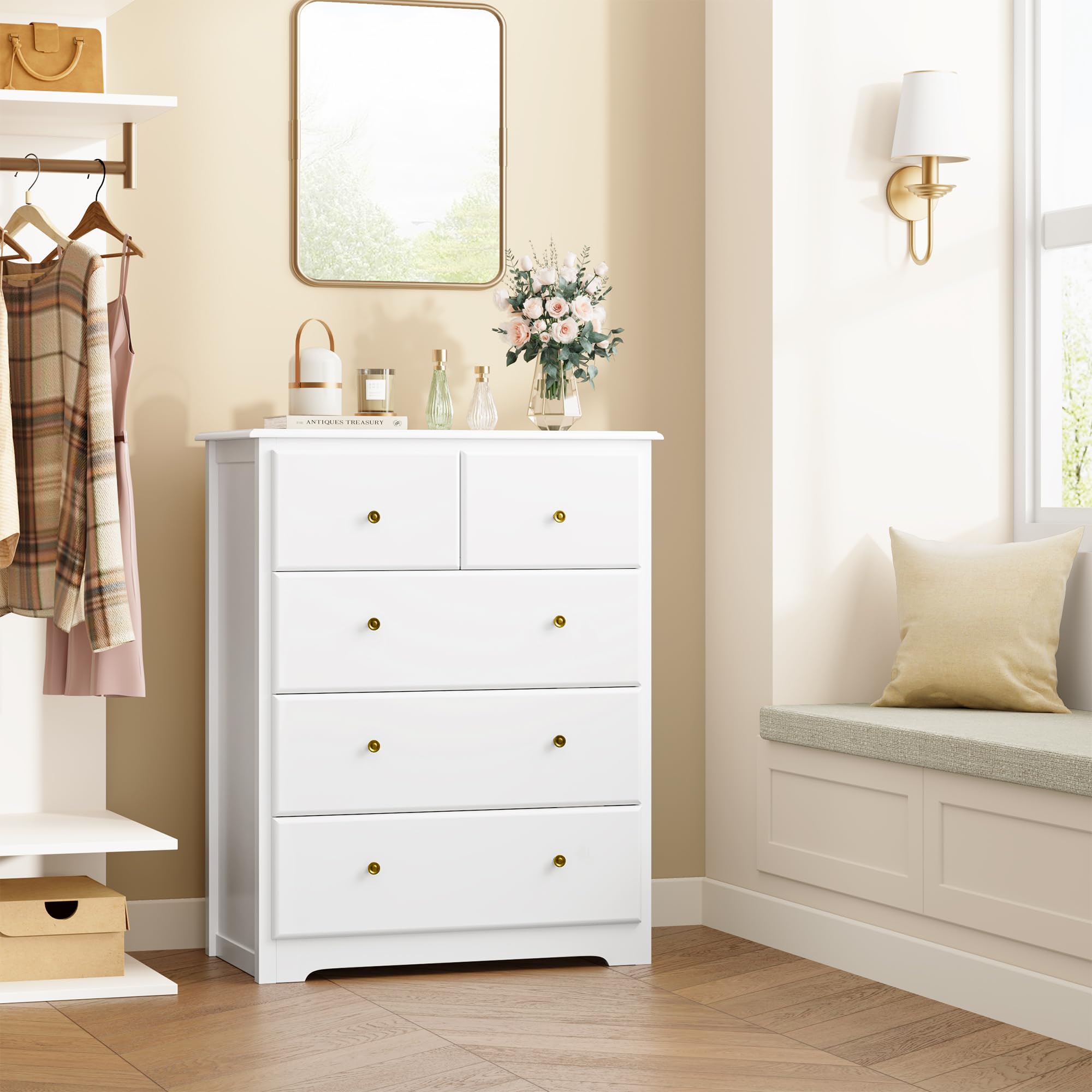 Dresser with 5 Drawers, Tall Dresser Chest of Drawers, 5 Drawer Dresser with Deep Space