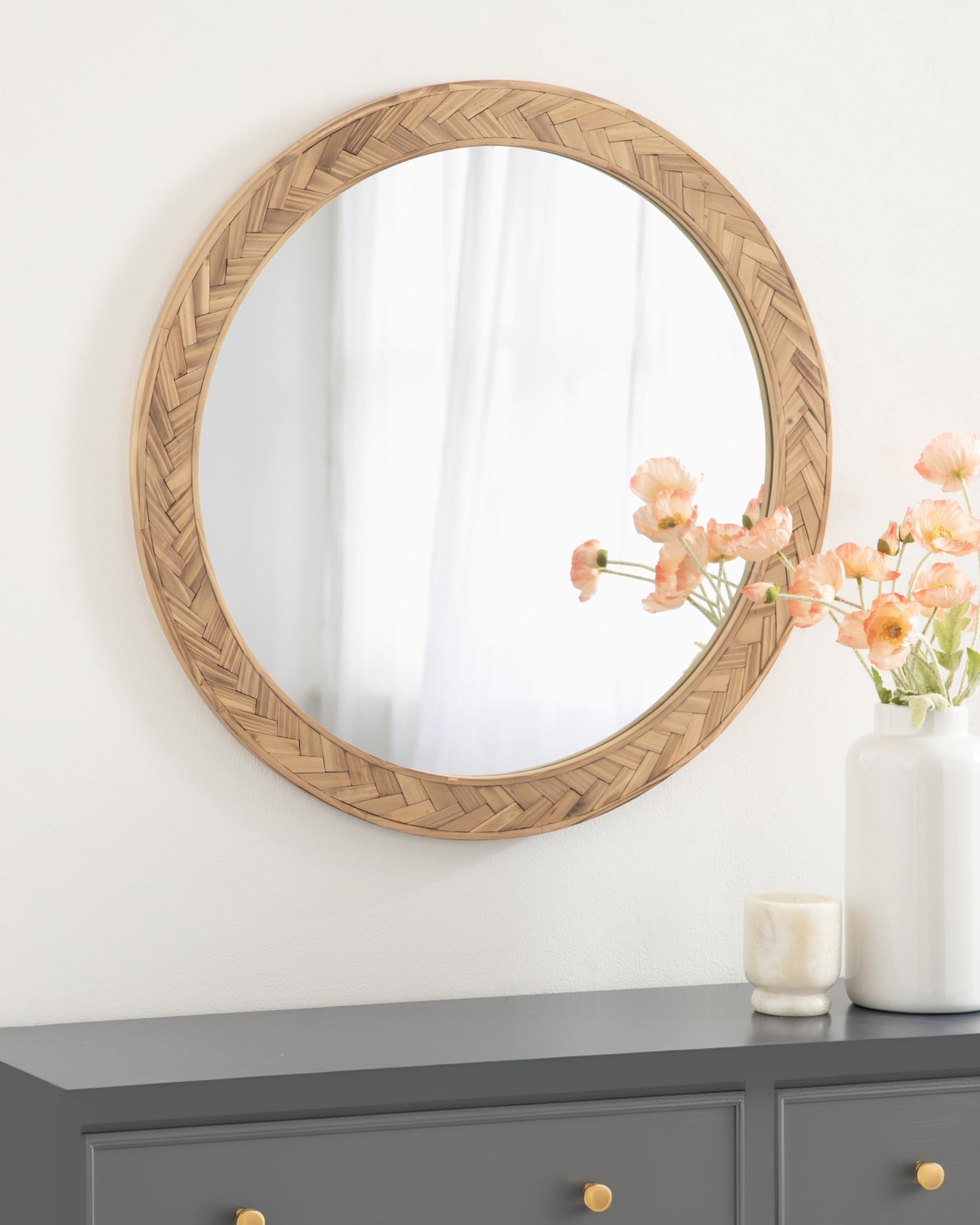 Modern Pieced Wood Round Mirror, 24 Inch Diameter, Rustic Brow