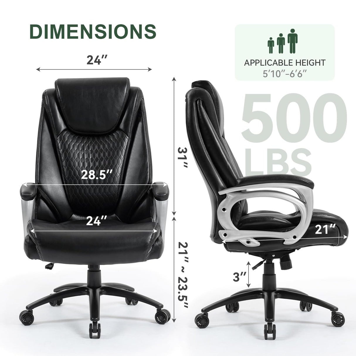 Big and Tall Office Chair 500lbs - Heavy Duty High Back Leather Desk Chair