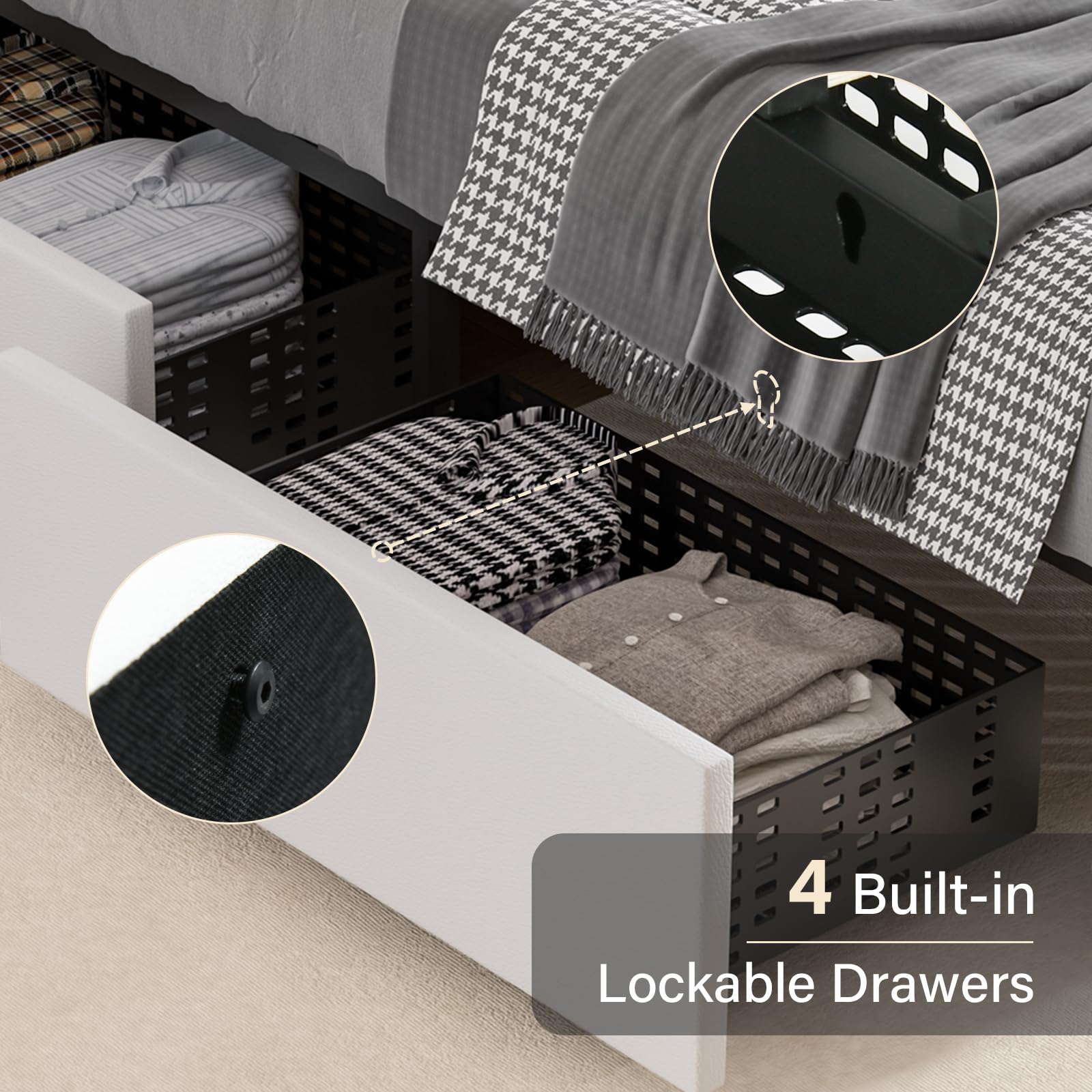 White Full Size Bed Frame with 4 Storage Drawers, Modern Leather Bed with Tufted
