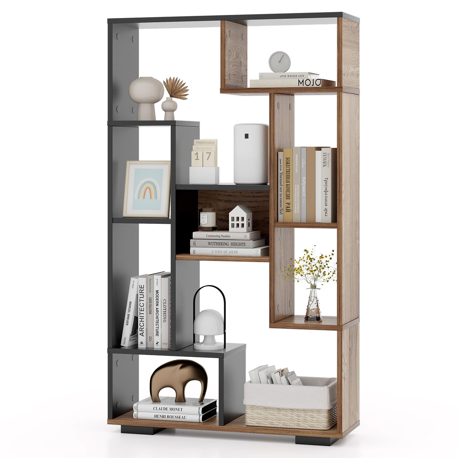 Tangkula Geometric Bookshelf, 47 Inch Tall Bookcase with Multiple Open Shelves, Anti-Tipping Devices, Freestanding 9 Cubes Bookshelf Storage Display for Living Room Study Office (Black, 47")