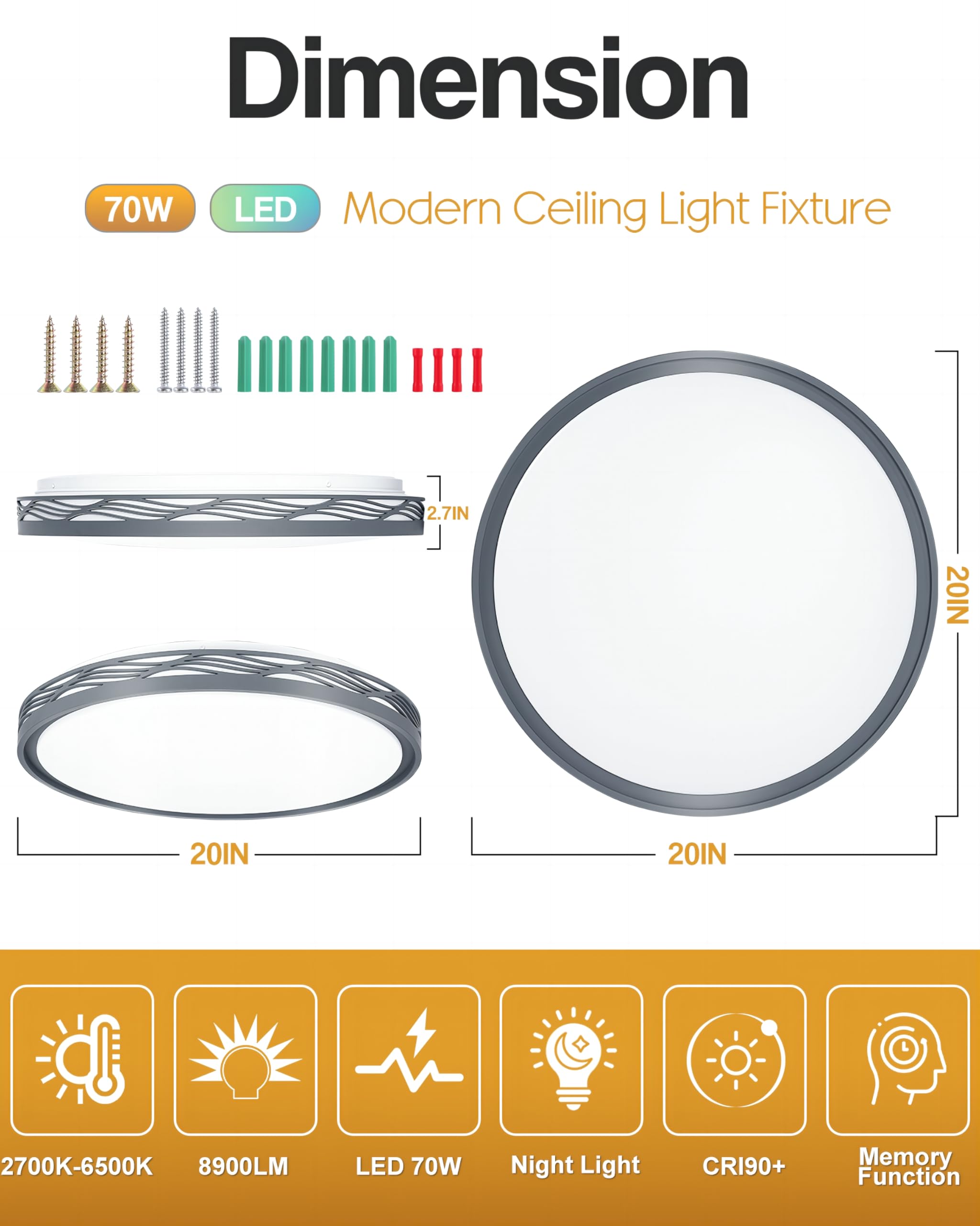 20 Inch Dimmable LED Flush Mount Ceiling Light with Remote