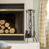 F-1053, 5-Piece Black Wrought Iron Fireplace Tools Set with Center Weave