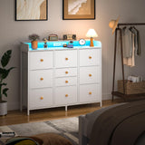 Dresser for Bedroom with Charging Station and LED Lights, Tall Dresser TV Stand With 10 Storage Drawers,Fabric White Dressers & Chests of Drawers,Wood Dresser for Kids Bedroom Closet Organizer