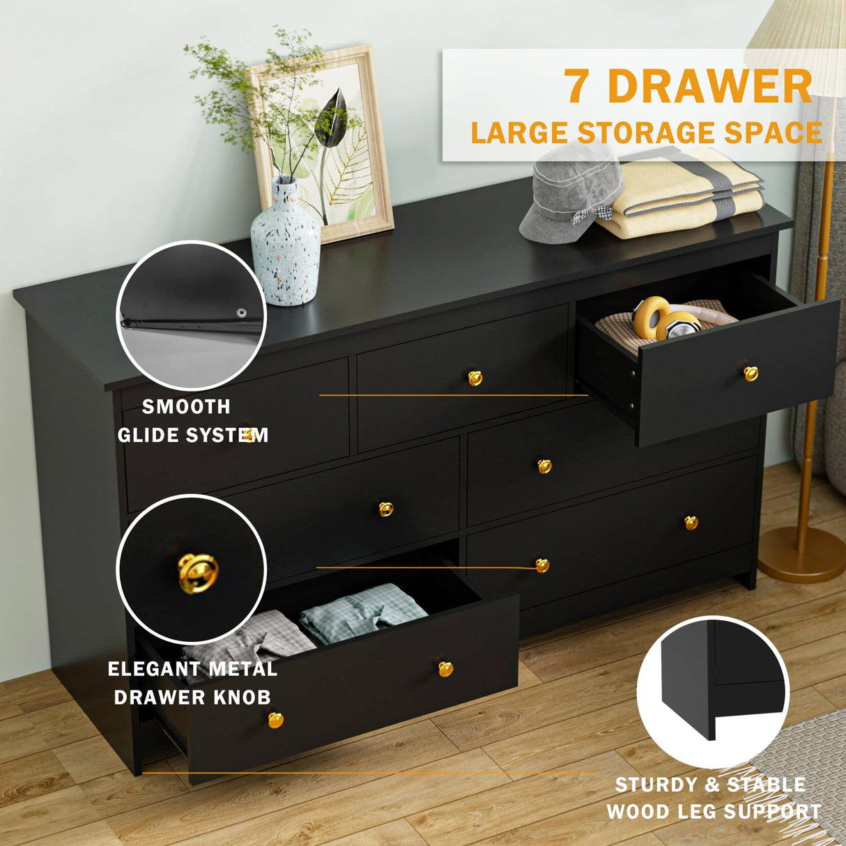 Black Dresser for Bedroom, 7 Drawer Dresser with Wide Drawer and Metal Handles