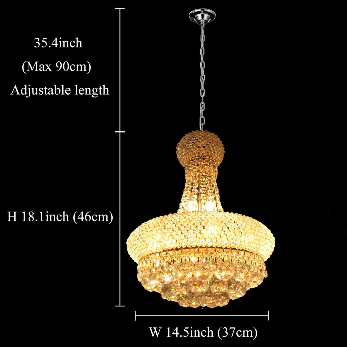 Crystal Chandelier Elegant Pendant Lighting French Empire K9 Crystals Ball Fixture Gold